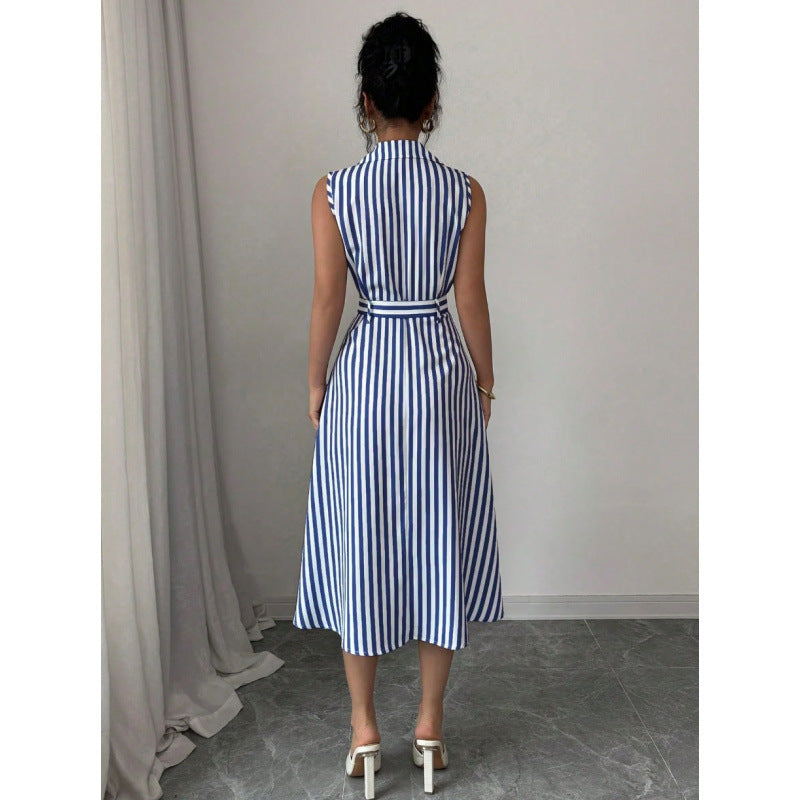 european and american cross-border hot-selling striped waist-defining maxi dress - elegant, slimming, sleeveless a-line dress with belt