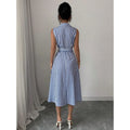 european and american cross-border hot-selling striped waist-defining maxi dress - elegant, slimming, sleeveless a-line dress with belt