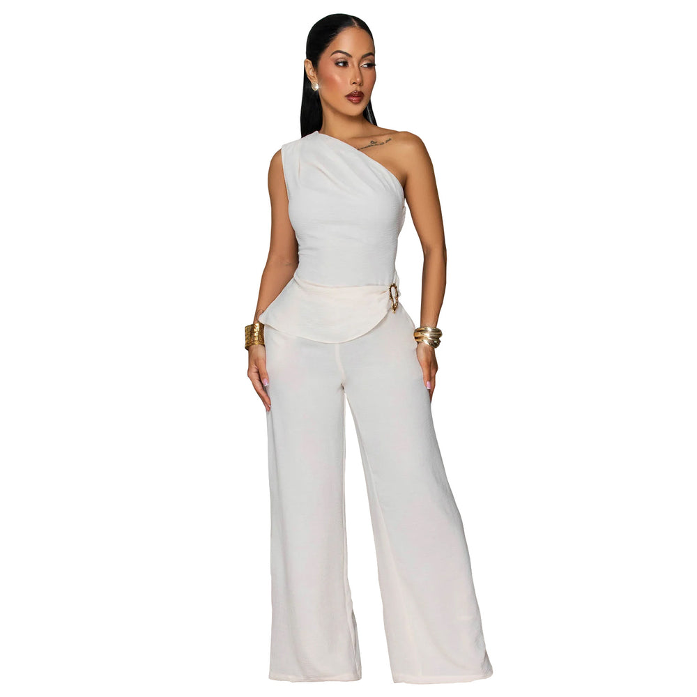 C7736 cross-border    new women's casual solid color one-shoulder top and pants two-piece set