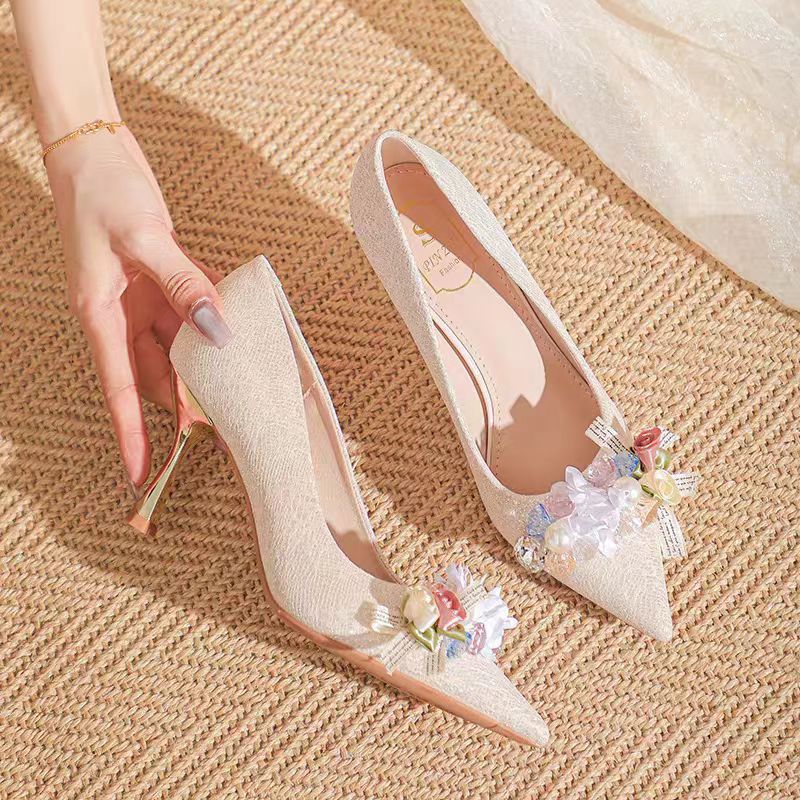 Champagne floral wedding shoes women's stiletto heel 2025 new crystal high heels banquet bridal shoes