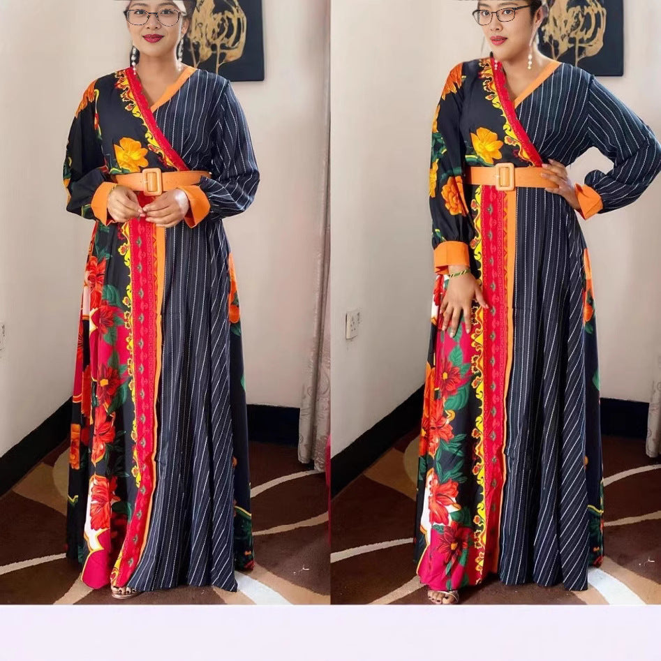 Amazon  printingv neckdress cross-border export african plus sizelong sleeves chiffon skirt with belt