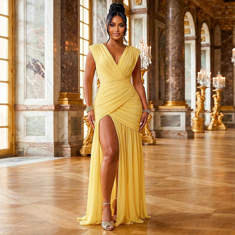 Women's sleeveless v-neck bodycon mini dress with ruched detail and asymmetrical slit - autumn  new arrivals for european and american export