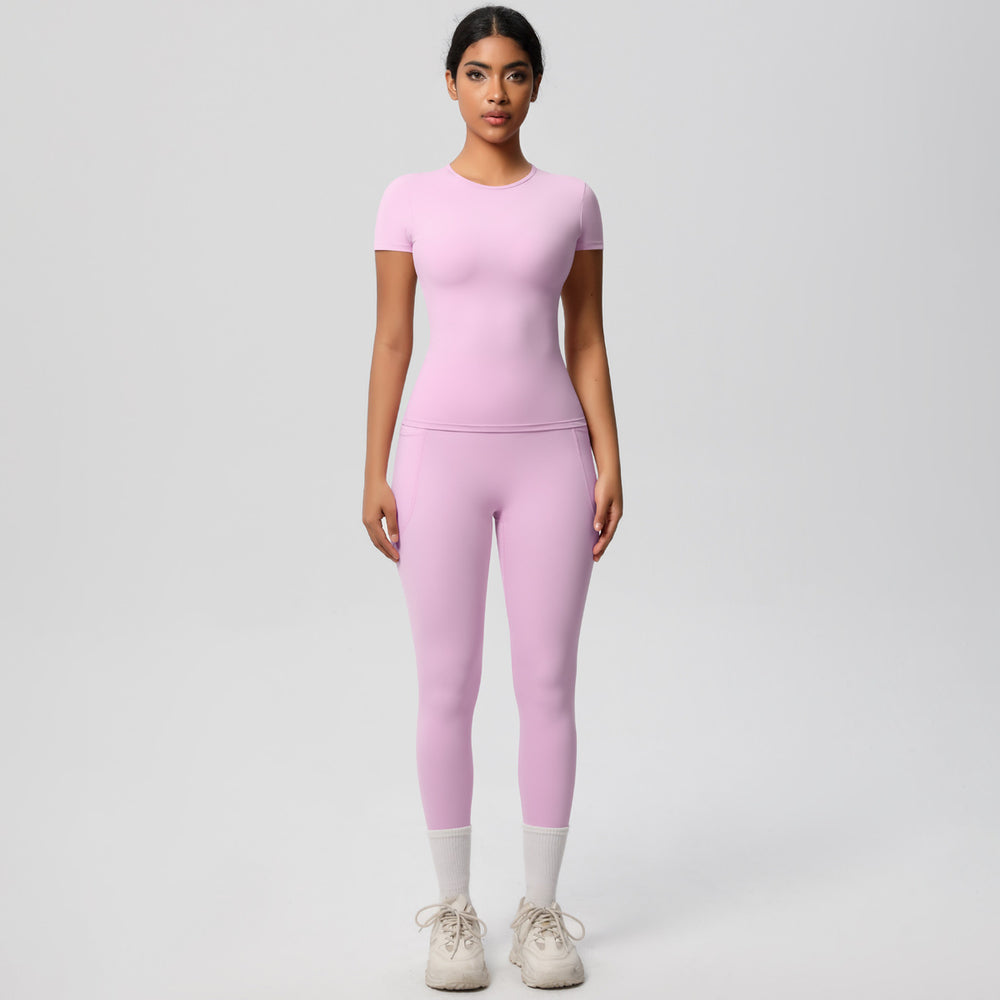 European and american solid color nude feel brushed short-sleeve yoga top and high-waisted butt-lifting fitness leggings quick-dry running workout set