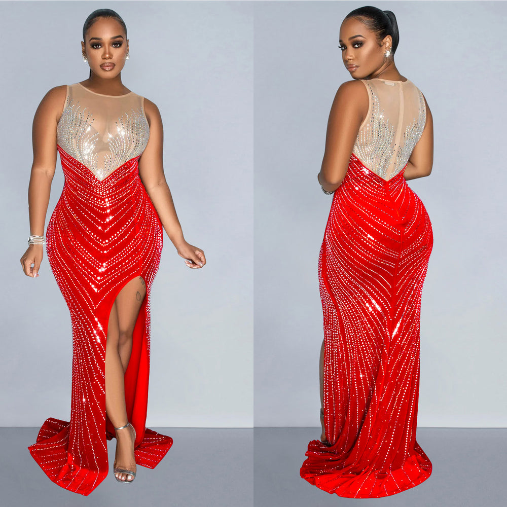 C6807 cross-border   fashion women's solid color round neck sleeveless rhinestone embellished maxi dress