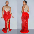 C6807 cross-border   fashion women's solid color round neck sleeveless rhinestone embellished maxi dress