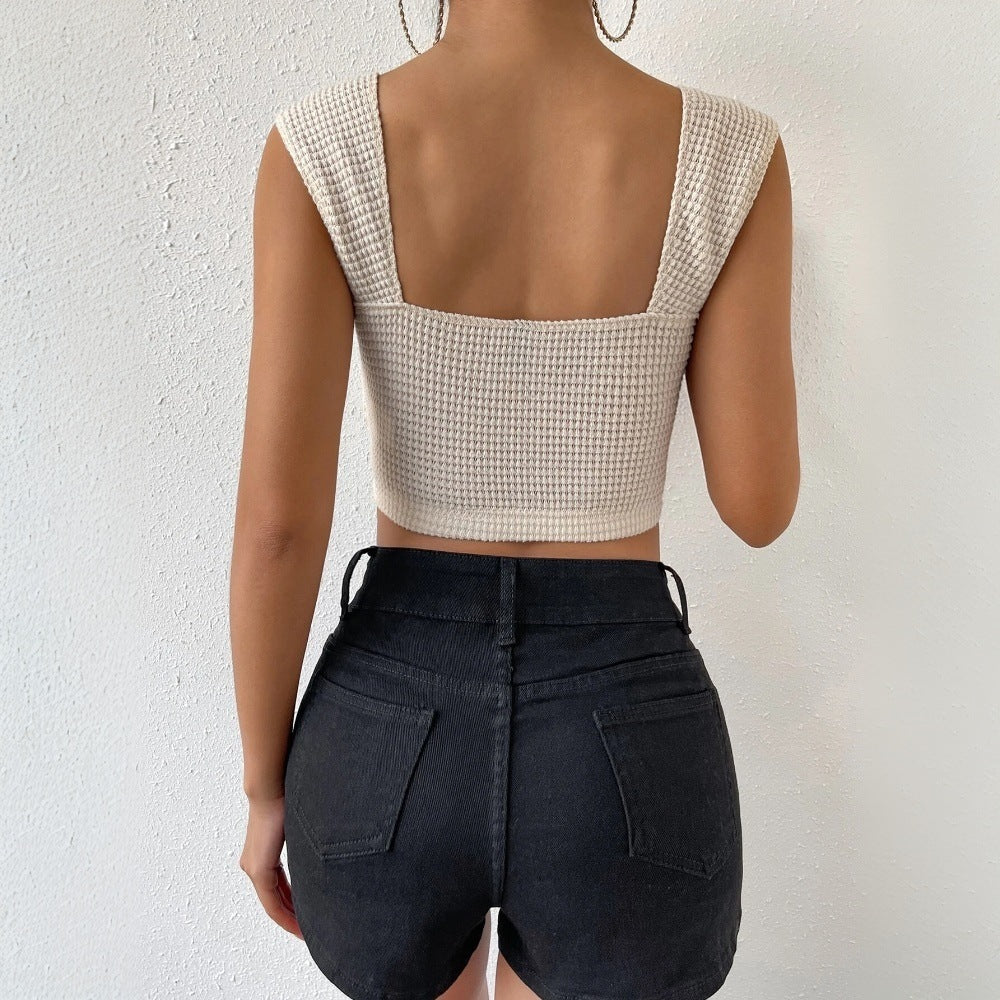 New arrivalsummer hot girl waffle grids square neck short vest fashionexportbackless wide shoulder strap exposed navel tops for women
