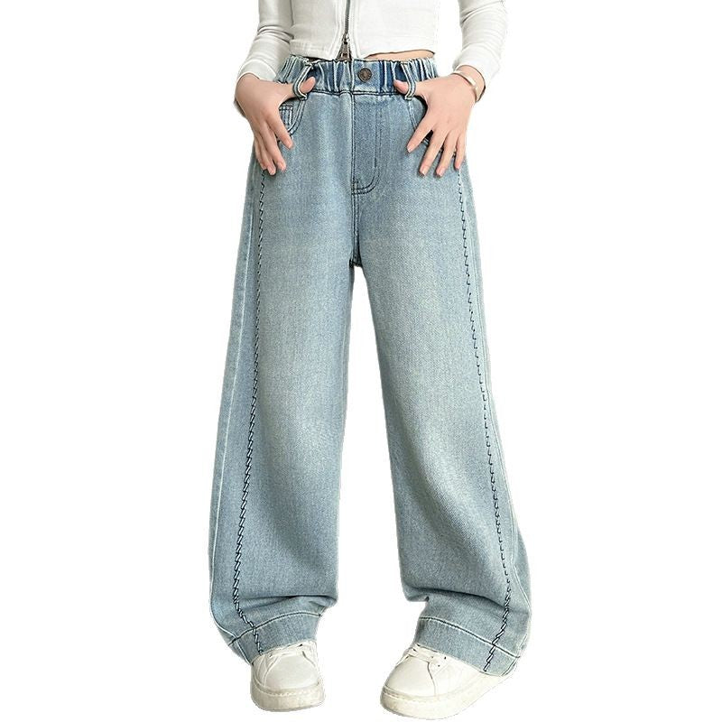 Girls' spring wide-leg jeans:  new stylish korean style straight-leg casual pants for big girls