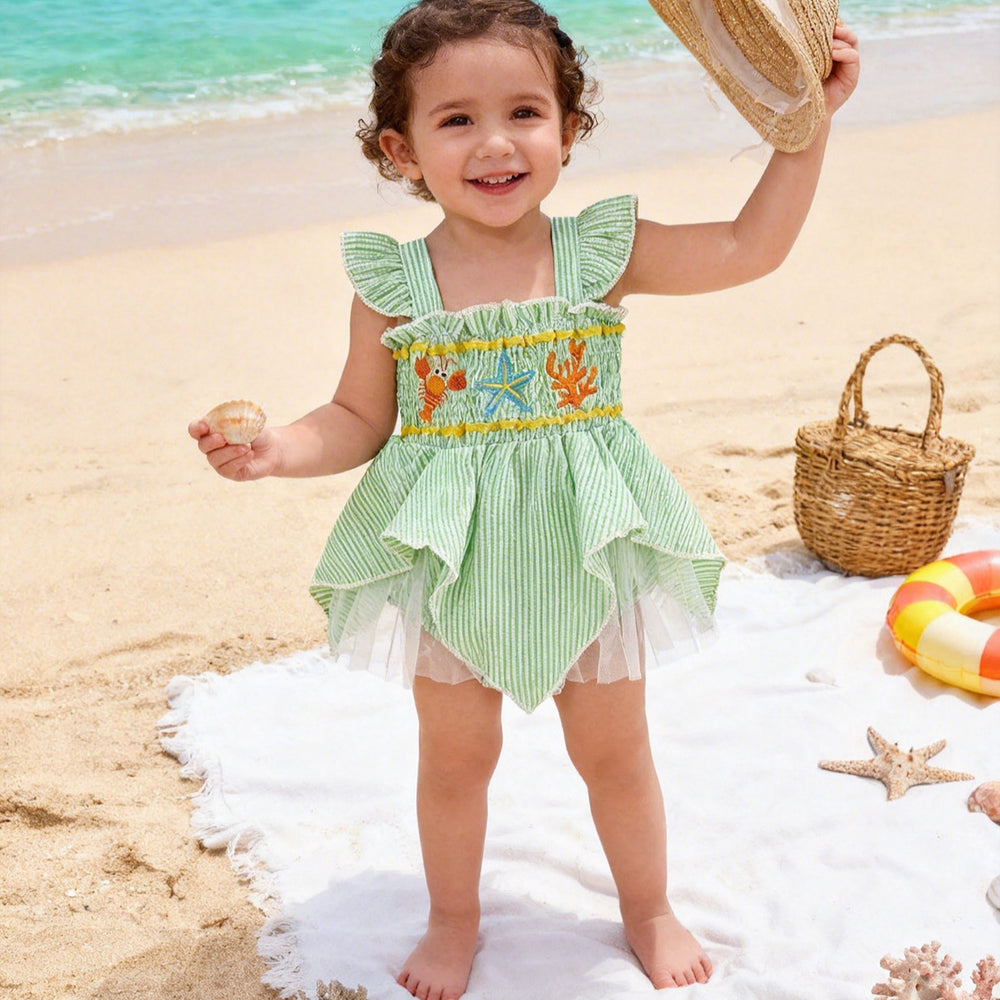 Baby girl cute ocean-themed ruffle plaid patchwork mesh romper dress