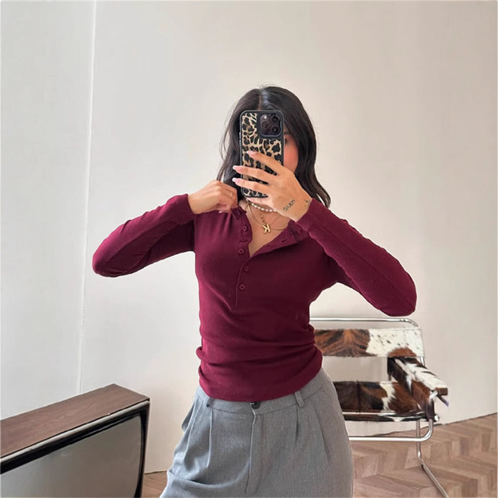simple half-open neck button long-sleeved T-shirt women's clothing inside slim fit and thin clothes