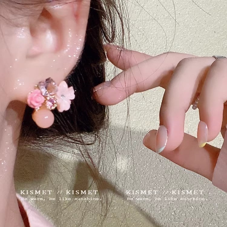Holiday blooms: unique pink floral earrings - new spring collection for women, high-end studs with a niche design