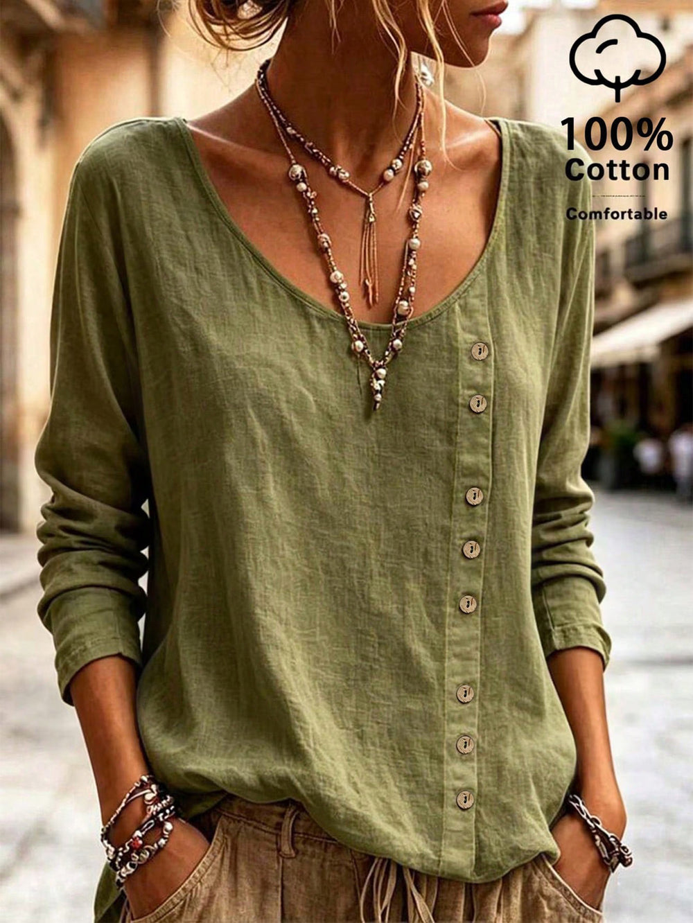European and american style retro solid color long sleeve top with a deep v-neck and asymmetrical button design, casual loose fit cotton linen blouse