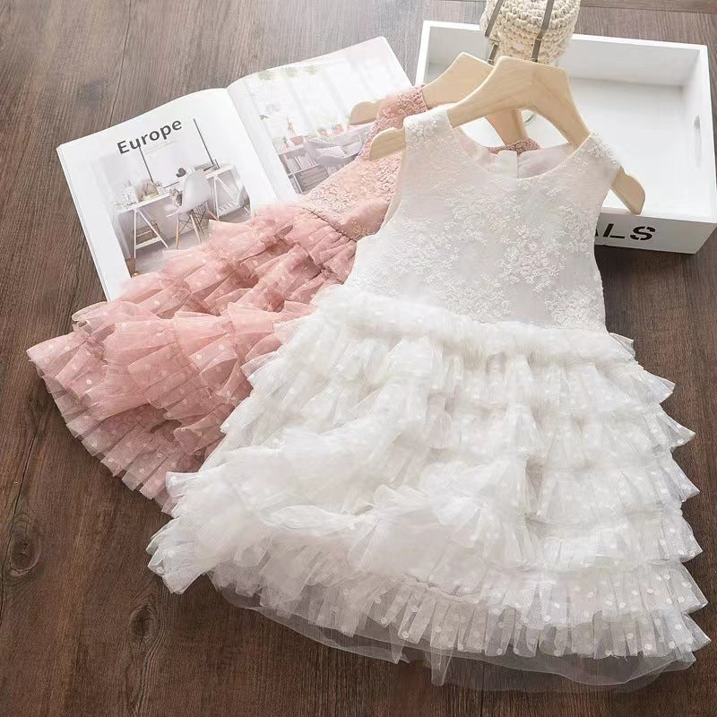 korean style summer girls' lace dress, kids' tank dress, princess tulle dress, baby tutu cake dress