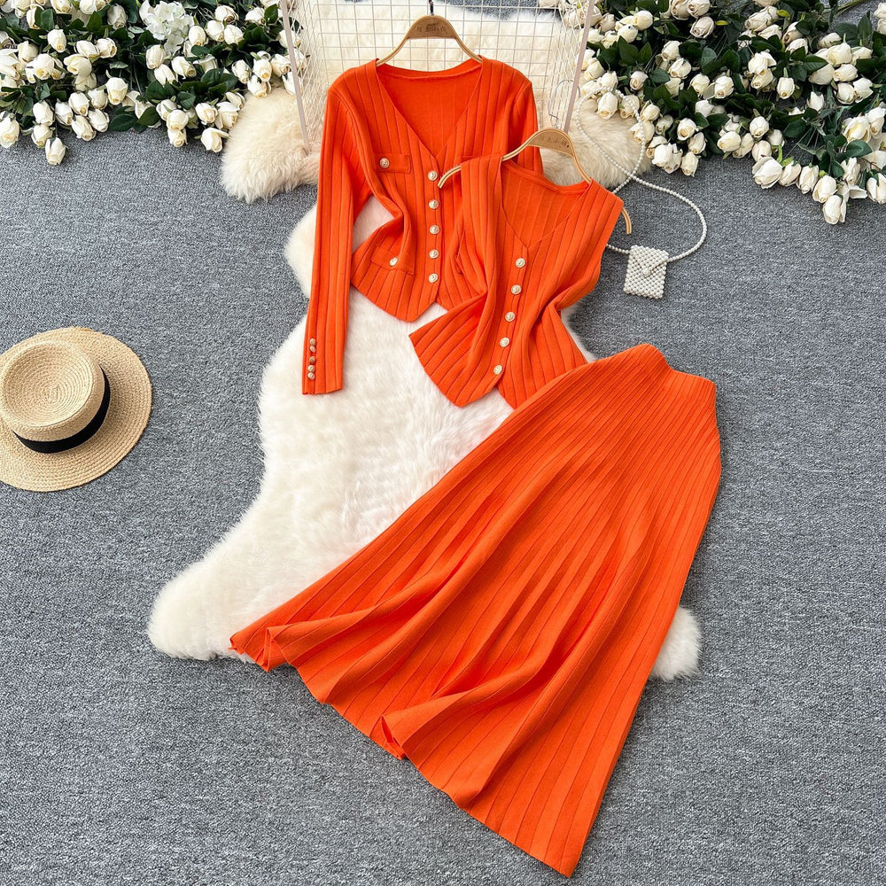 Xiaoxiangfeng wear women's three-piece set easiest for match sleeveless vest metal buckle silmlong sleevesknittingcardigan skirt