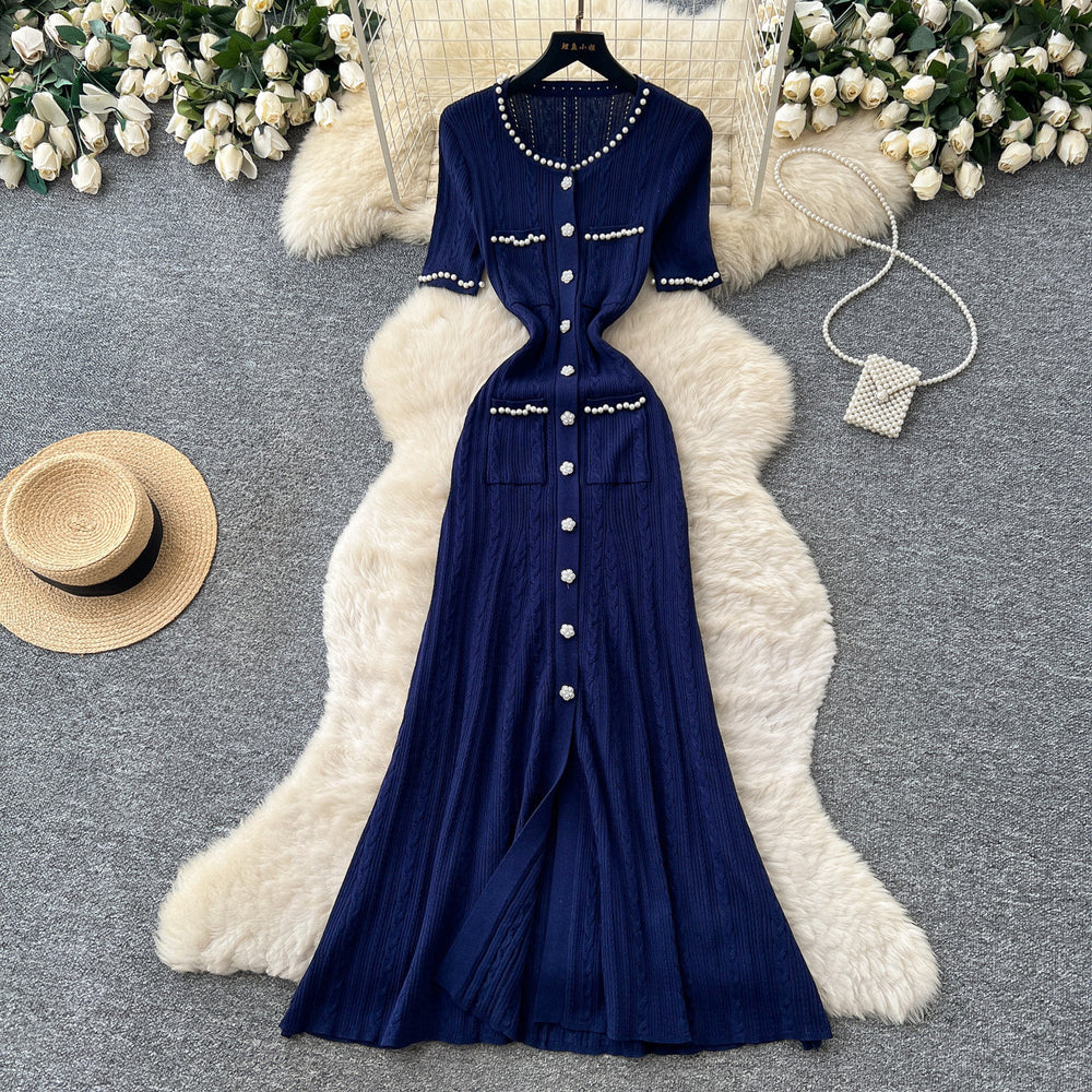 French chic single-breasted knit dress - women's summer short sleeve cutout slim fit elegant maxi dress