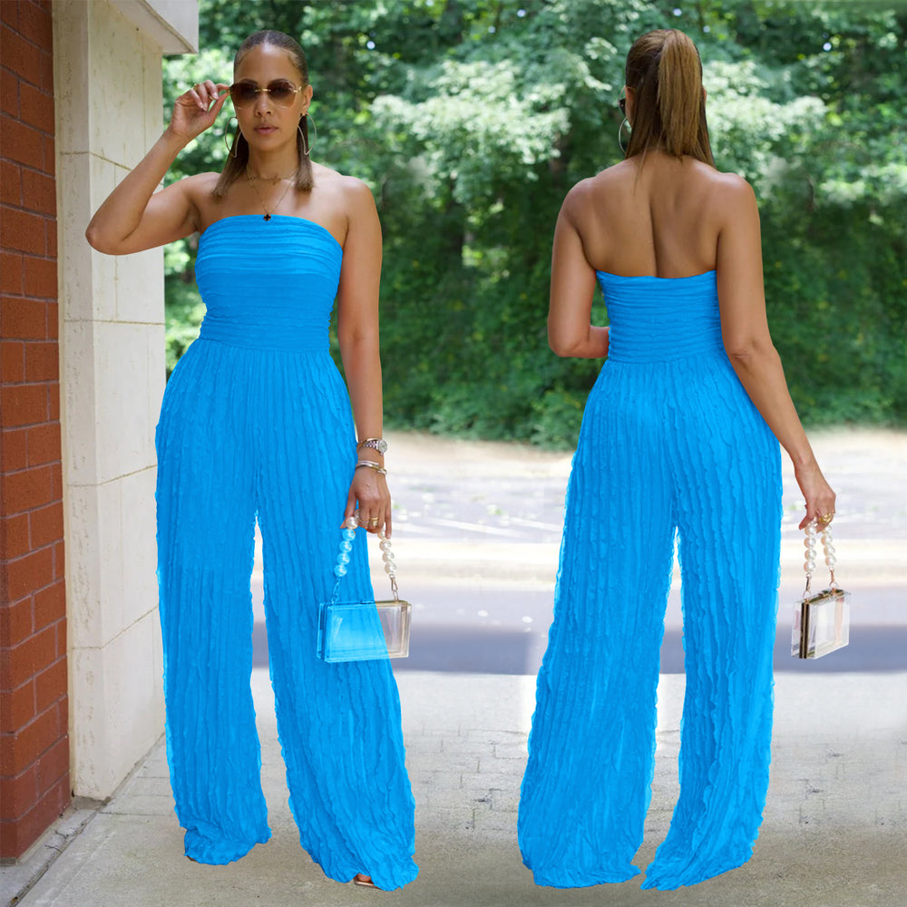 C7465 cross-border   fashion women's solid color loose casual wavy pattern jumpsuit new