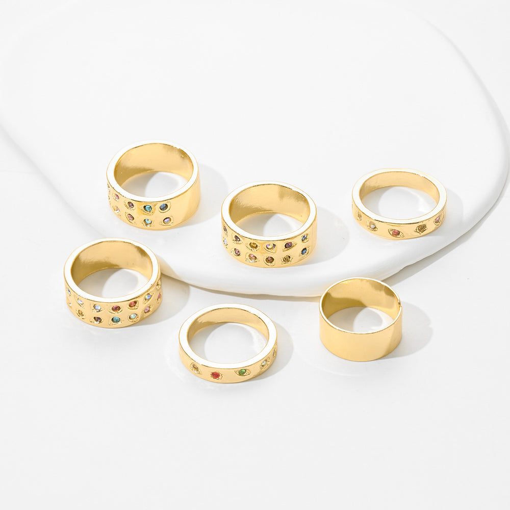 European and american cross-border retro dopamine colorful ring set - 6 piece set, unique and niche double row diamond-set alloy finger rings and jewelry