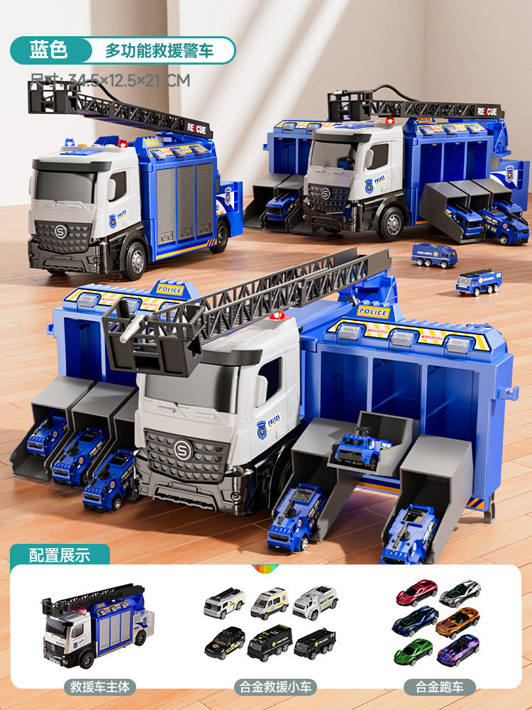 Sam's club style rescue fire truck - multifunctional parking garage with storable water spray, ejection ladder, and police car toy