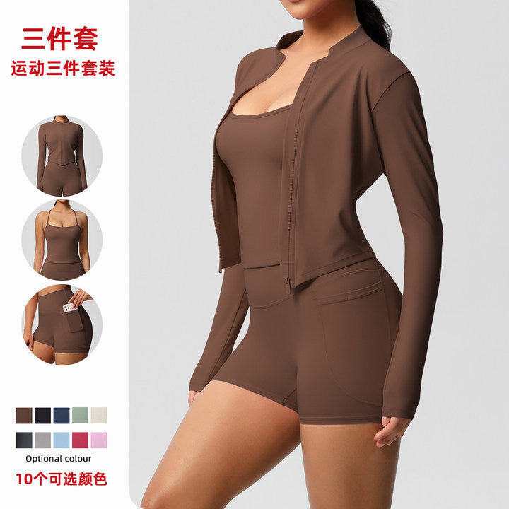 new nude feel tank top outdoor casual compression fitness set with pocket shorts and yoga outfit - 3 piece sports set