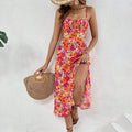 Amazon cross-border women's casual vacation style printed dress - summer square neck spaghetti strap slit midi dress