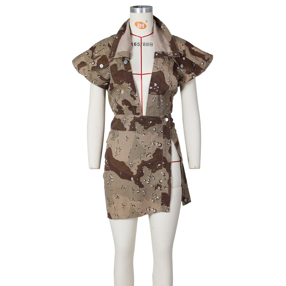 new summer european and american style women's clothing casual distressed heavy wash sleeveless high slit camouflage loungewear set