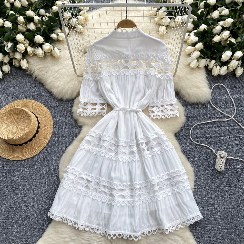 French retro court style dress - elegant stand collar pearl single-breasted hollow-out lace patchwork gown for women
