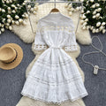 French retro court style dress - elegant stand collar pearl single-breasted hollow-out lace patchwork gown for women