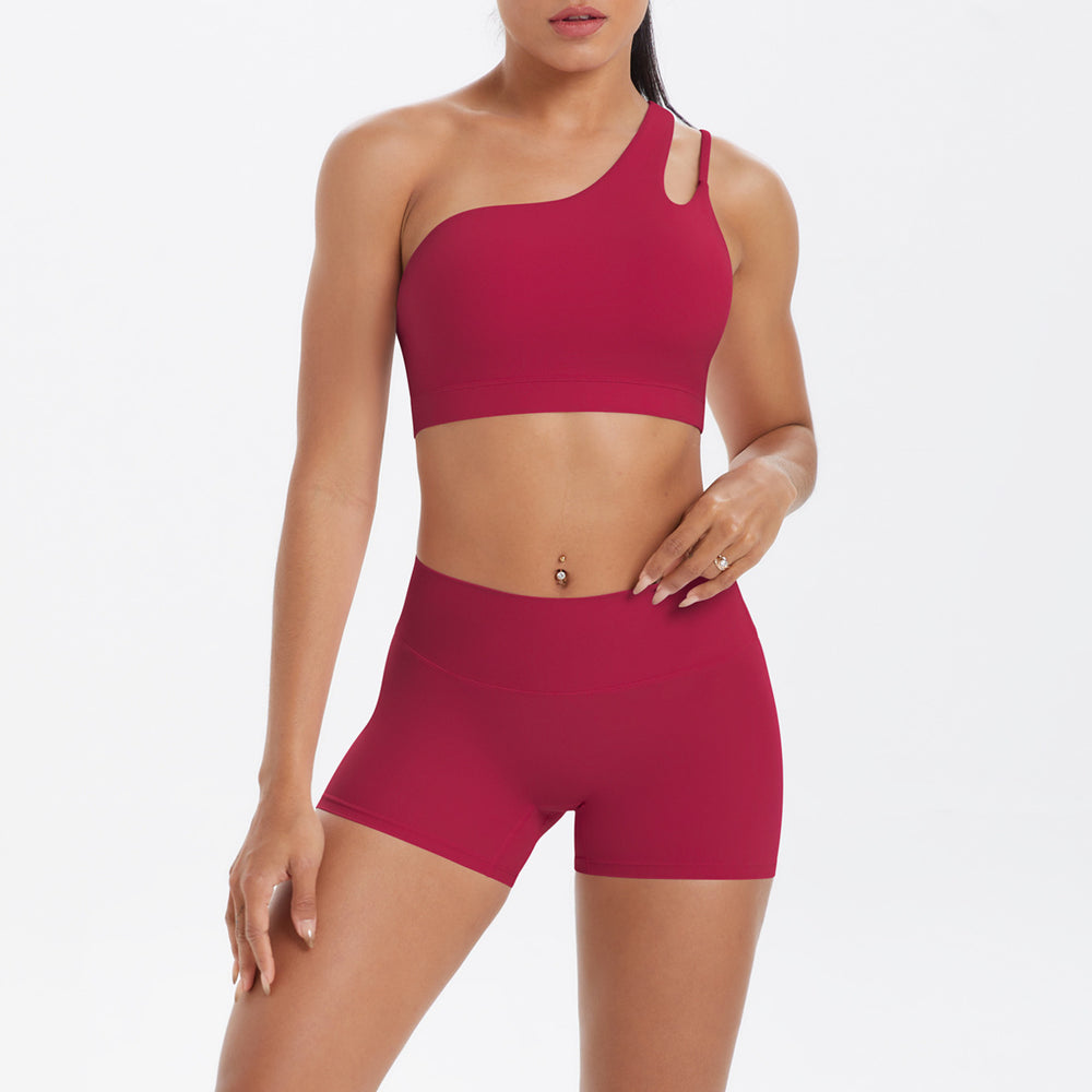 New arrival cross-border fashion double-sided nylon brushed single-shoulder yoga suit sports running fitness two-piece set for women