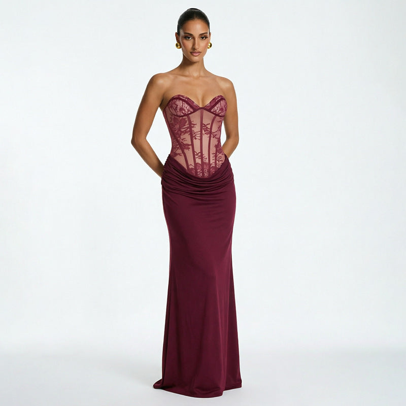 European and american style cross-border women's clothing  summer new arrival off-the-shoulder lace print ruched panel patchwork dress