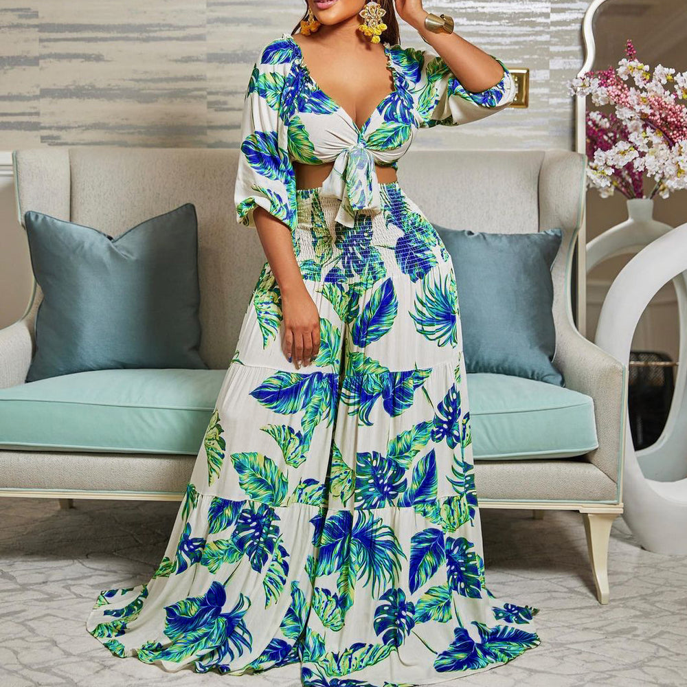 C8469 european and american  new arrival cross-border casual set: printed v-neck tie top and wide-leg pants - two-piece export set