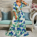 C8469 european and american  new arrival cross-border casual set: printed v-neck tie top and wide-leg pants - two-piece export set