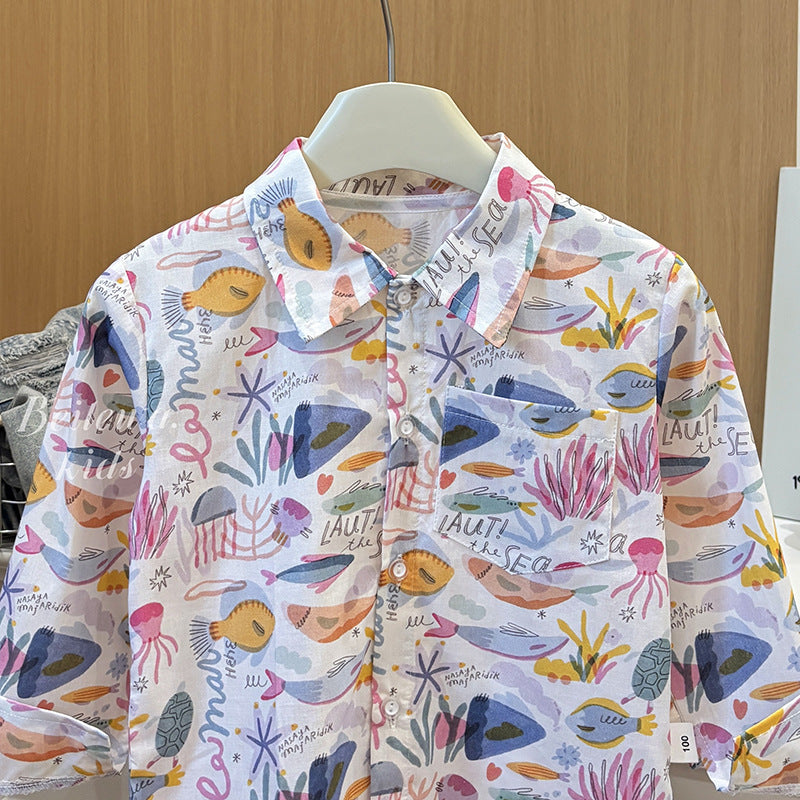Spring & fallnew arrivalshirtpure cottonkids cartoon all-over printed shirtlong sleevescomfortablecasualboy stylenew arrival
