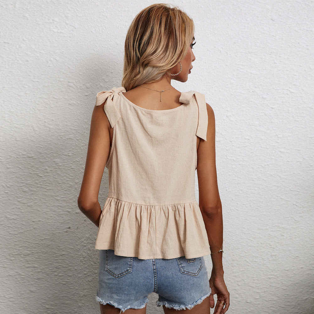 new arrival cross-border fashion women's looseeasiest for match t-shirt u-neck strappy cotton and linen straight-leg camisole tops