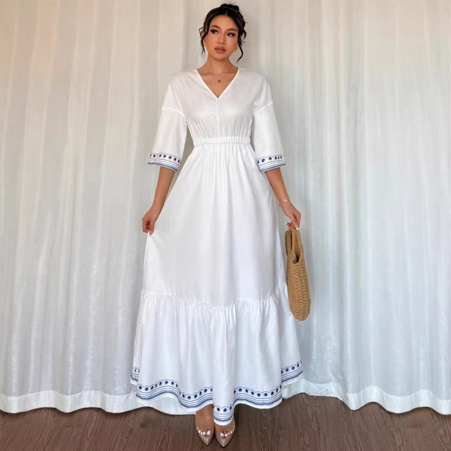 new cross-border v-neck lace trimmed waist elegant ruffle hem dress