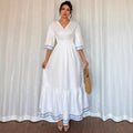 new cross-border v-neck lace trimmed waist elegant ruffle hem dress