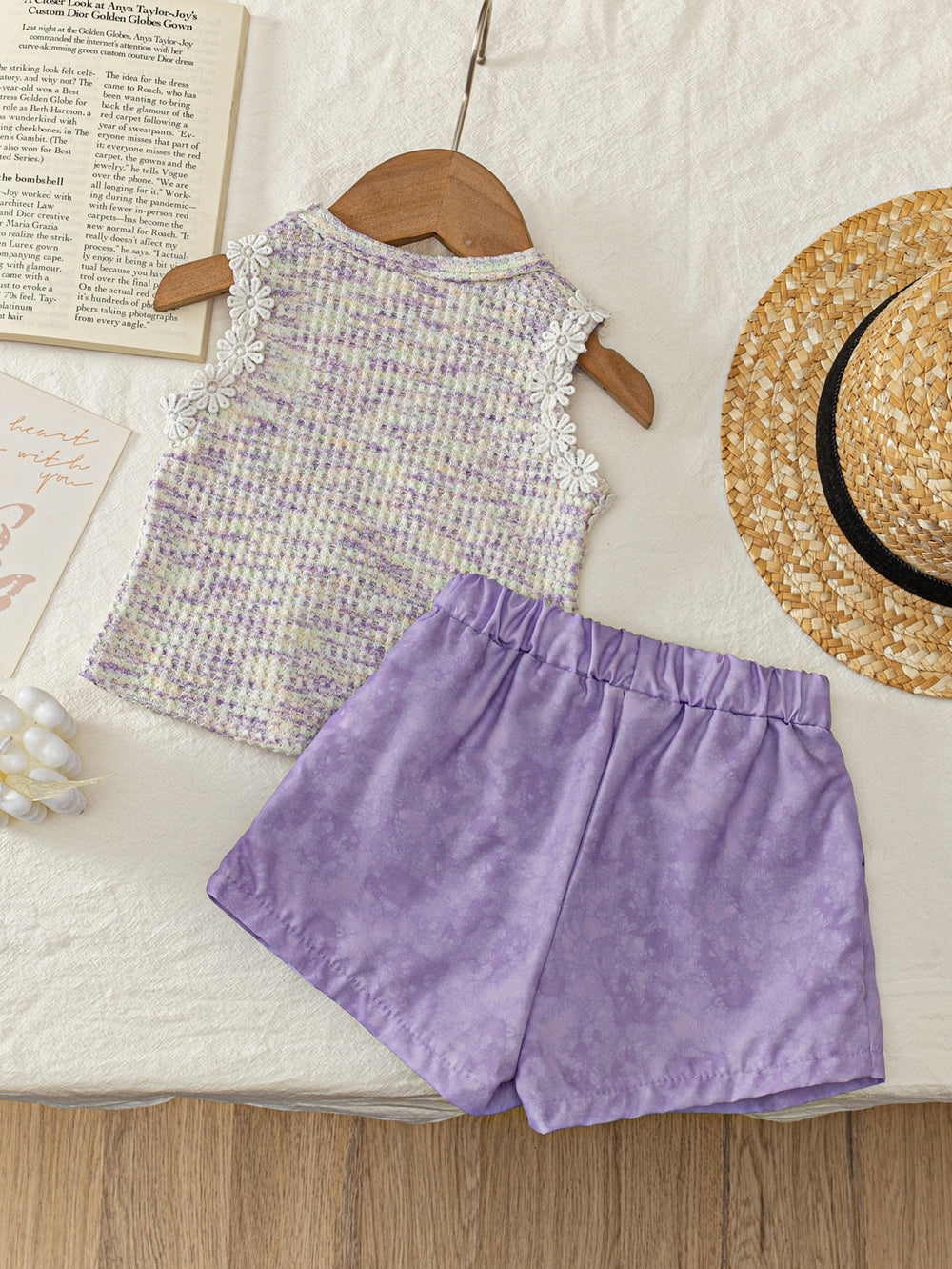 new arrival: girls' cute 3d floral textured top + casual pants two-piece set
