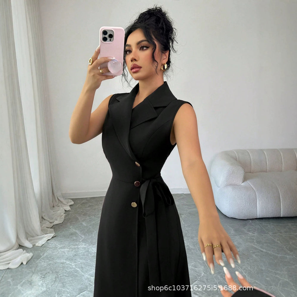 summer new arrival: black sleeveless dress with suit collar, cinched waist, and tie detail - long work dress