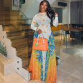European and american style ins cross-border fashion patchwork women's clothing printing street work clothing a-line skirt round neck long sleeves waist dress