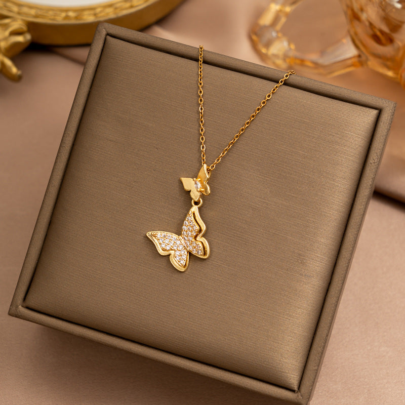 [set] european and american popular butterfly necklace earrings titanium steel light luxury exquisite new high-end sense clavicle chain jewelry