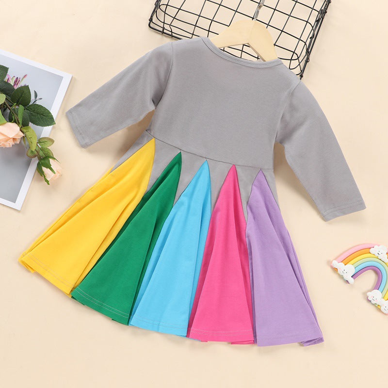 New girls' dress: stylish color block long-sleeve rainbow princess dress for toddlers and young children