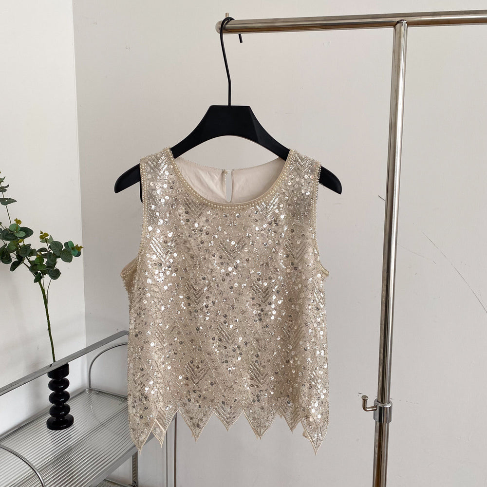 Korean style commute chic: heavily beaded sequin vest - women's v-neck single-breasted light luxury design vest, elegant top