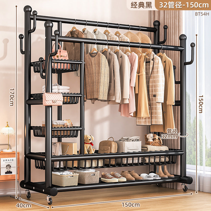 Clothes rack floor-standing bedroom for home double-pole clothes drying rack movable clothes rack indoor clothes storage coat rack