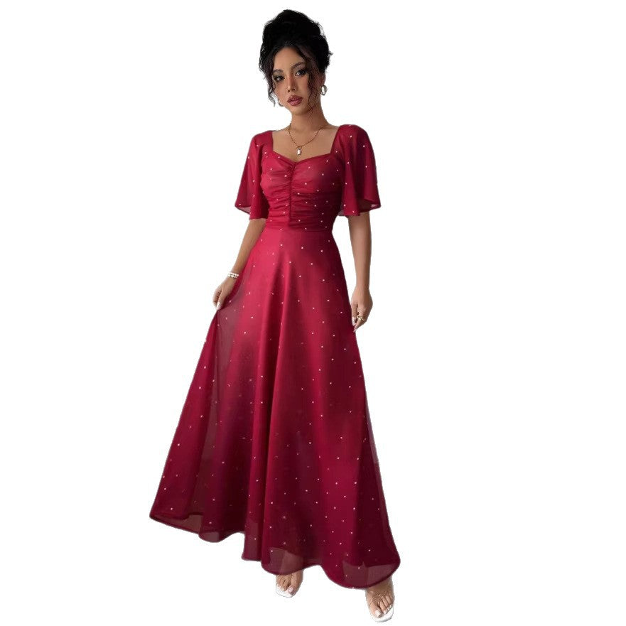 european and american cross-border summer women's slimming french square neck maxi dress