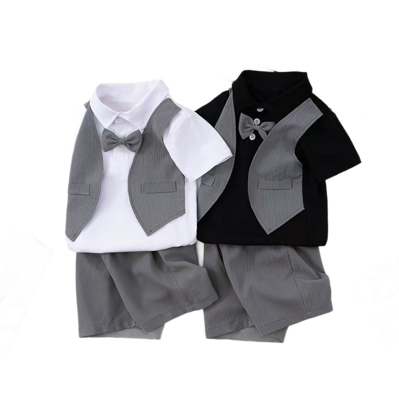 Kids' summer cotton linen short-sleeve set: boys' cartoon deer print shirt two-piece korean style casual wholesale