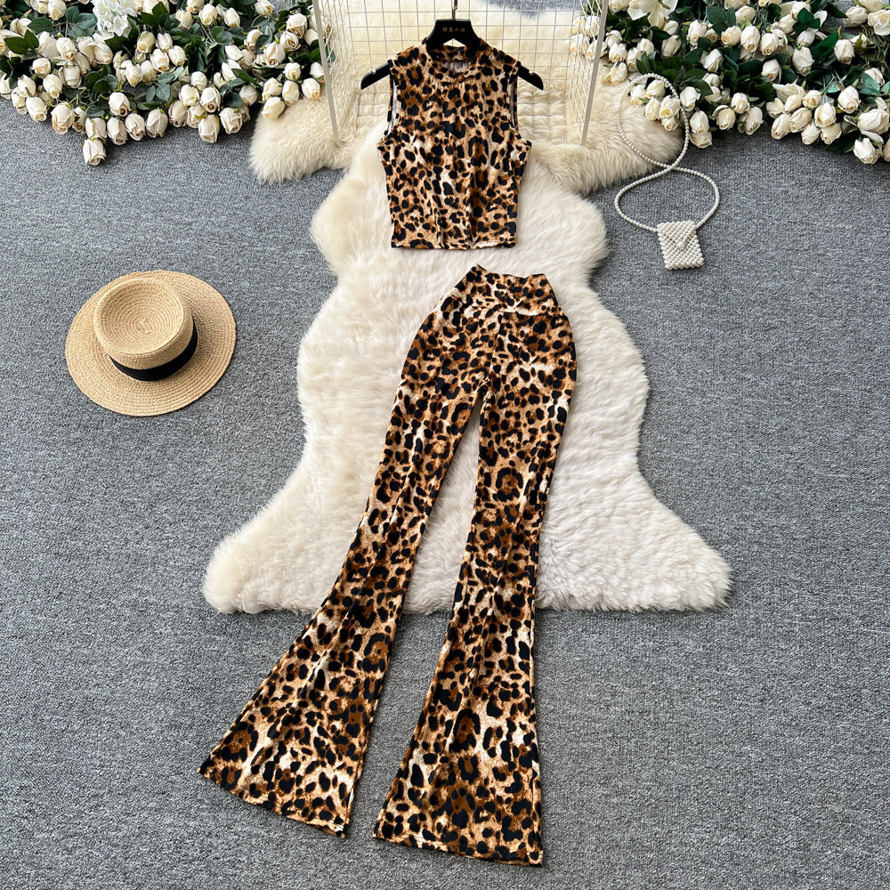 Fashion ins scheming sense of design sleeveless slanted shoulder short leopard print vest women's high waist hip-covering slightly flared pantssuit
