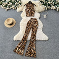 Fashion ins scheming sense of design sleeveless slanted shoulder short leopard print vest women's high waist hip-covering slightly flared pantssuit