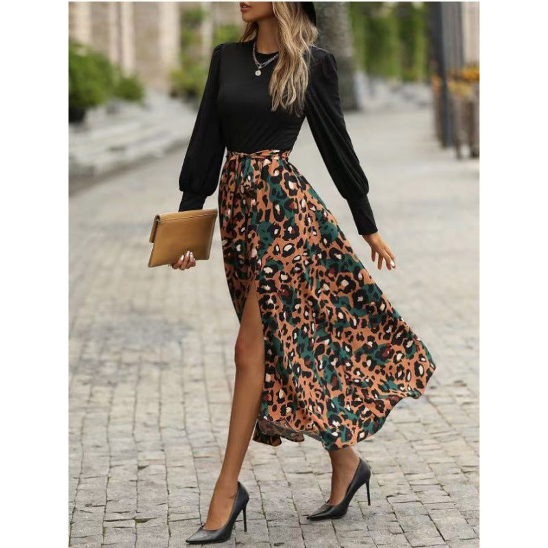 Shipped: cross-border, european and american summer new arrival - women's slim-fit, leopard print panel, slit long sleeve dress