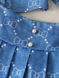 girls' fashion denim-style printed set with turn-down collar + pleated skirt top set