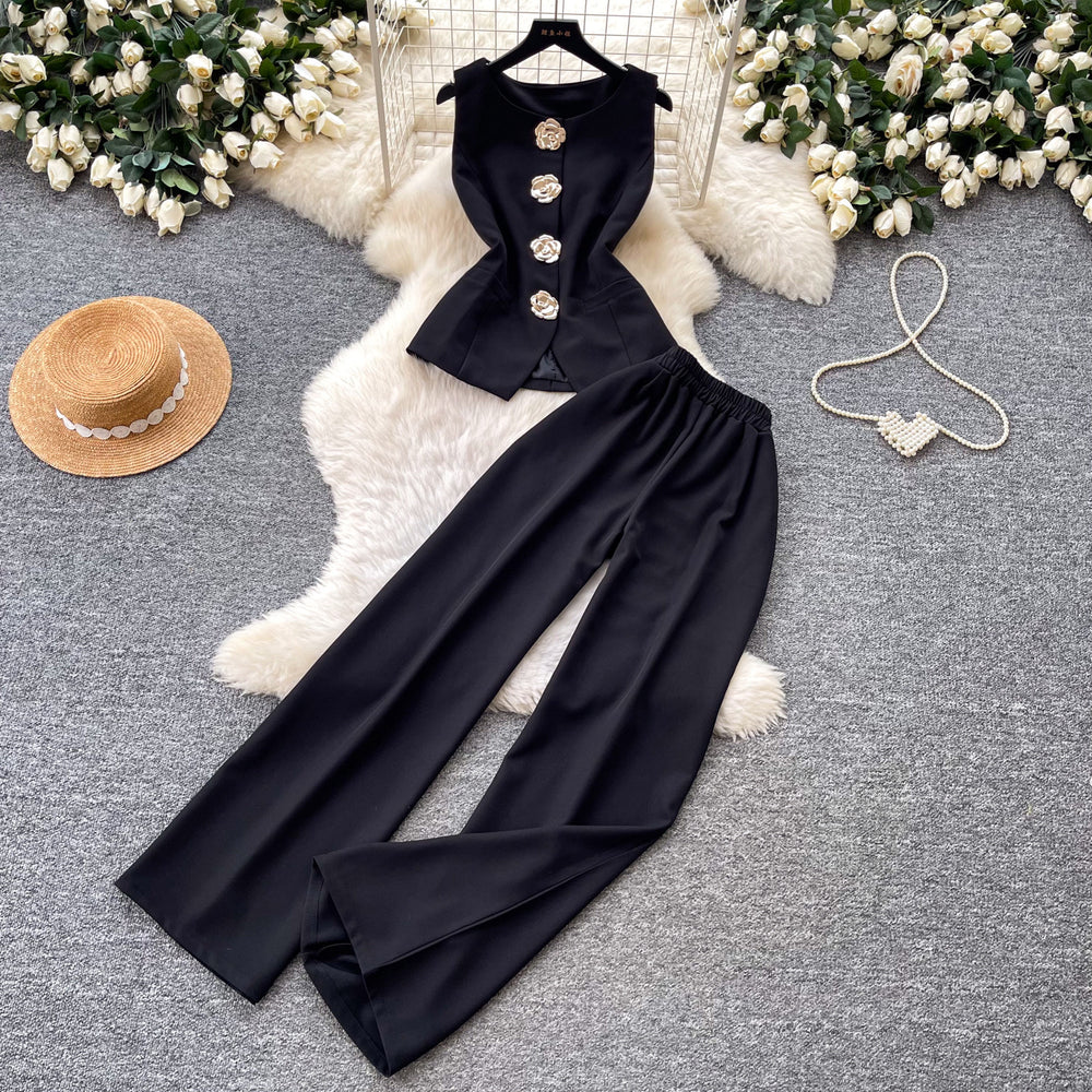 K-stylework clothing style stereo flower decoration vest high waistloose pantstwo-piece set female summervestslimming looksuit