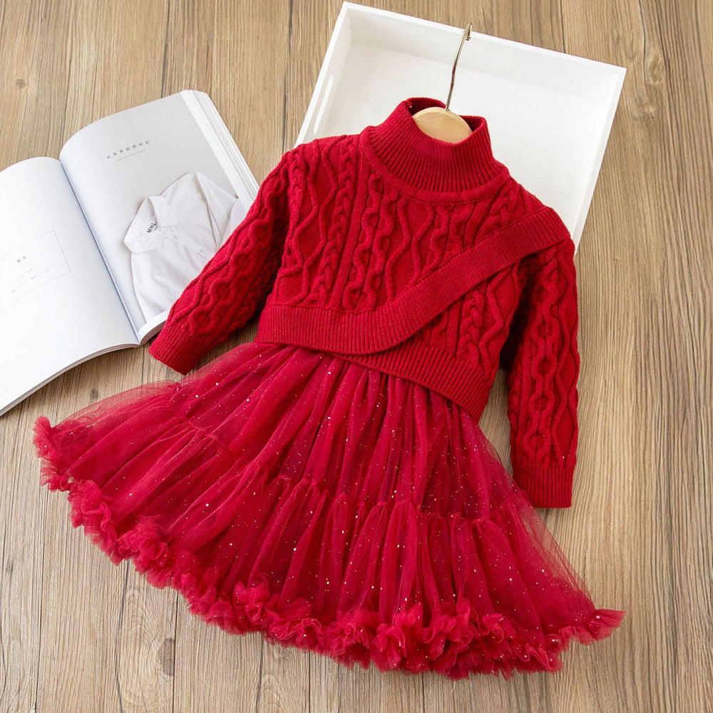 Christmas dress girls' sweater dress  autumn/winter new princess dress new year's outfit tutu skirt set