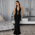 C7599 cross-border   fashion women's sexy backless halter deep v solid color dress